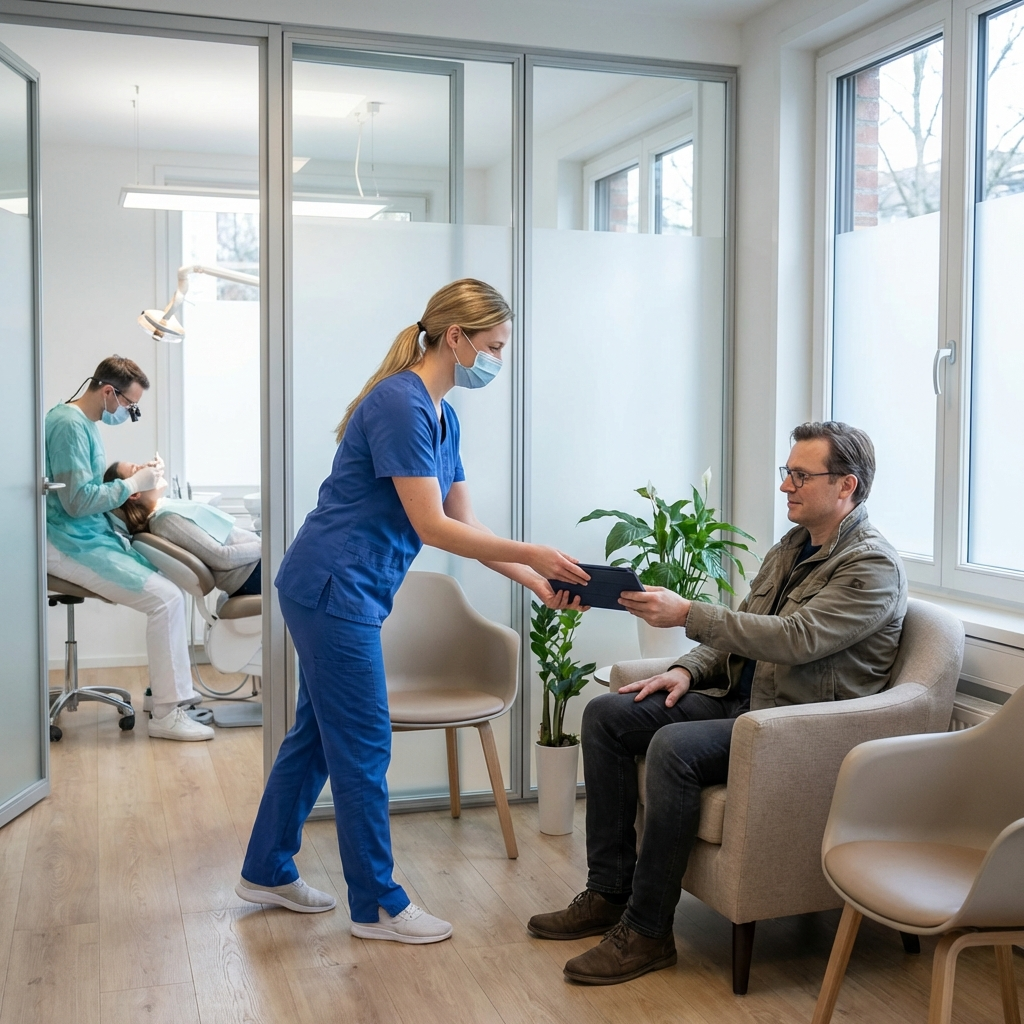 Dentista le entrega una tablet a un paciente en la sala de espera