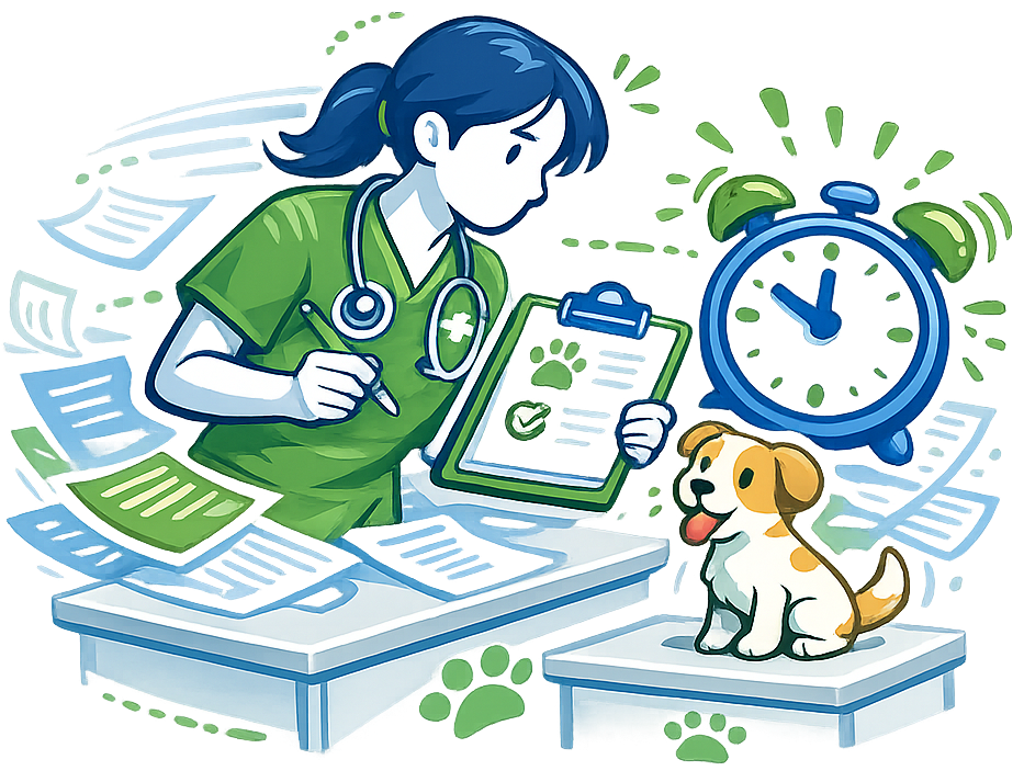 Veterinario atendiendo a un perro haciendo varias tareas de gestión a la vez