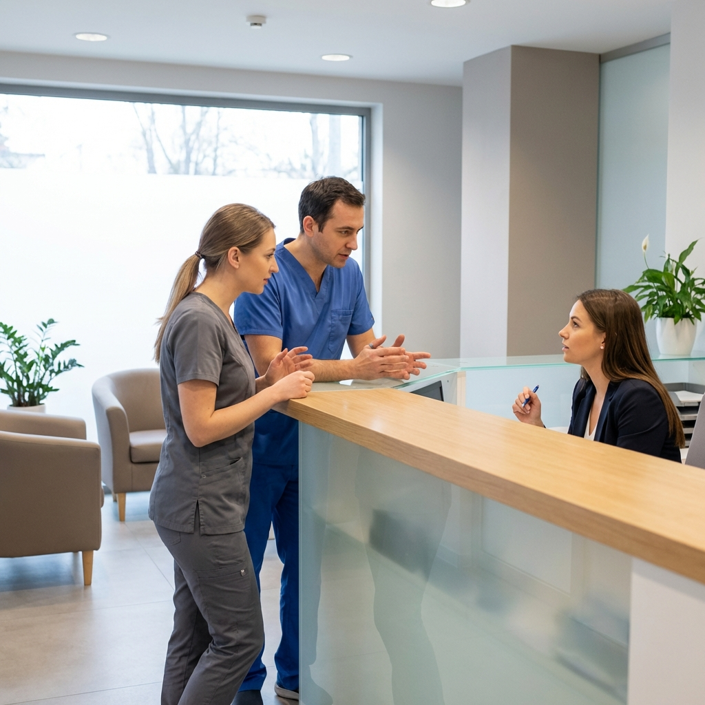Equipo dental mantiene una conversación